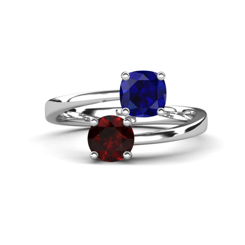 Jianna 6.00 mm Cushion Lab Created Blue Sapphire and Round Red Garnet 2 Stone Promise Ring 