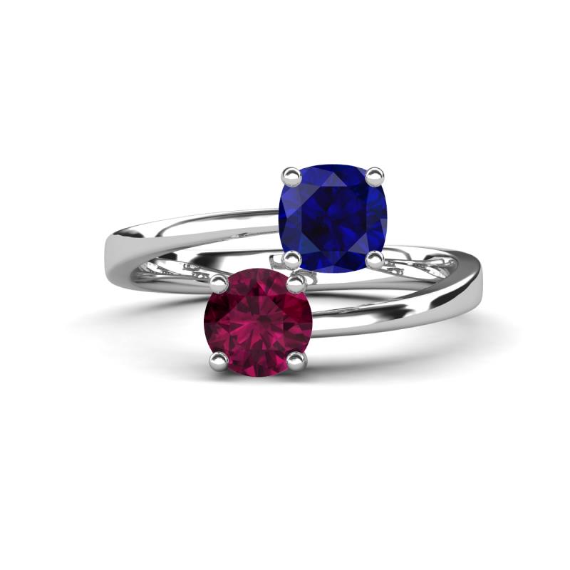 Jianna 6.00 mm Cushion Lab Created Blue Sapphire and Round Rhodolite Garnet 2 Stone Promise Ring 