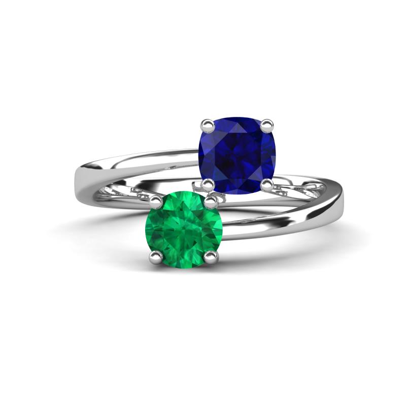 Jianna 6.00 mm Cushion Lab Created Blue Sapphire and Round Emerald 2 Stone Promise Ring 