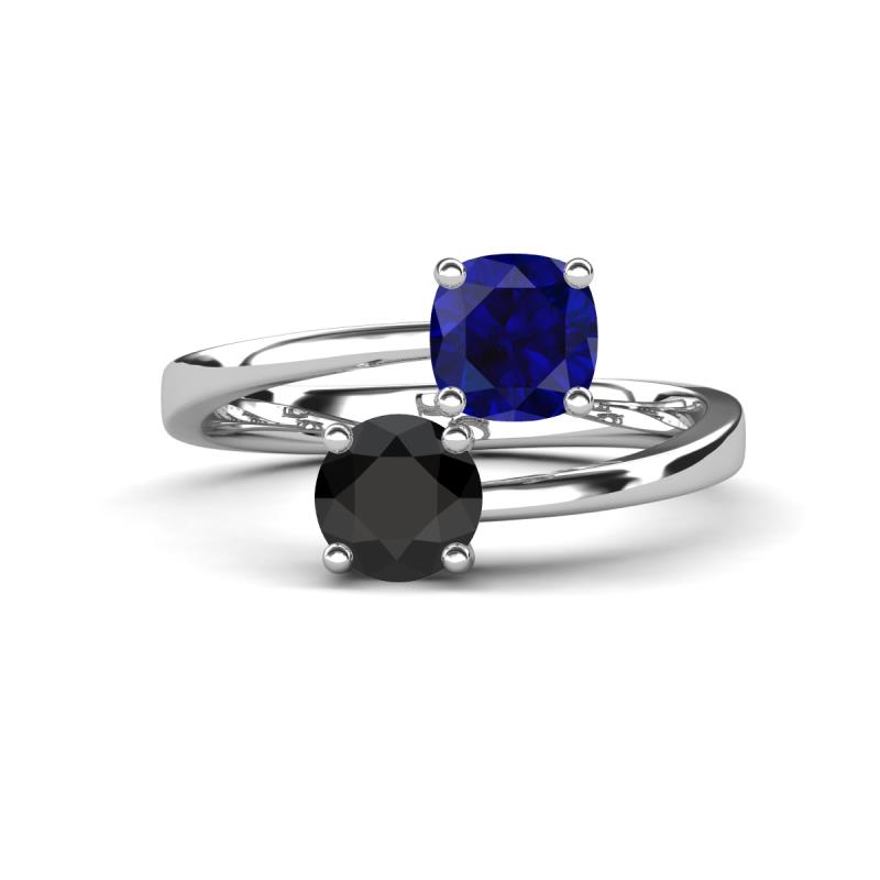 Jianna 6.00 mm Cushion Lab Created Blue Sapphire and Round Black Diamond 2 Stone Promise Ring 