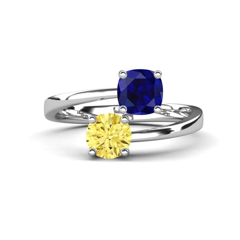 Jianna 6.00 mm Cushion Lab Created Blue Sapphire and Round Lab Created Yellow Sapphire 2 Stone Promise Ring 