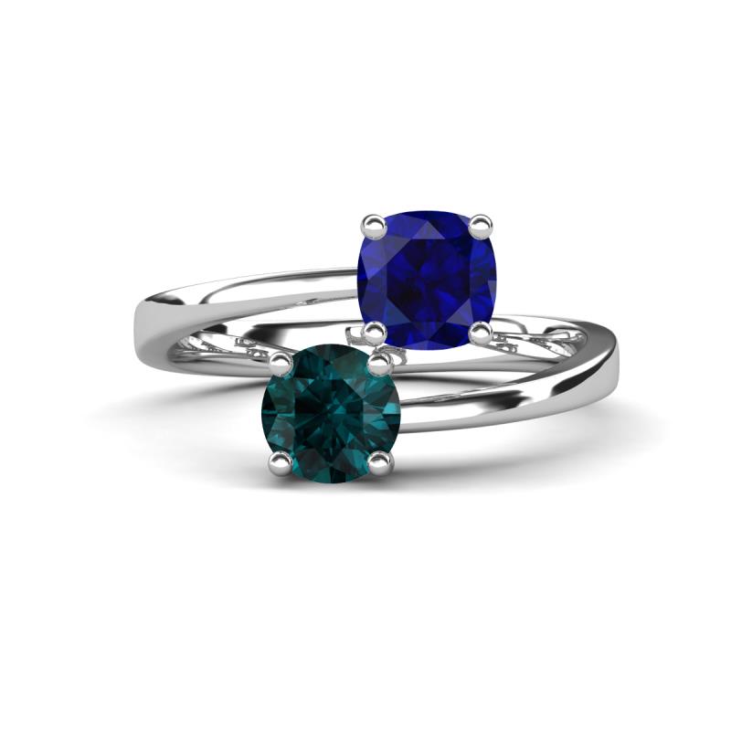 Jianna 6.00 mm Cushion Lab Created Blue Sapphire and Round London Blue Topaz 2 Stone Promise Ring 