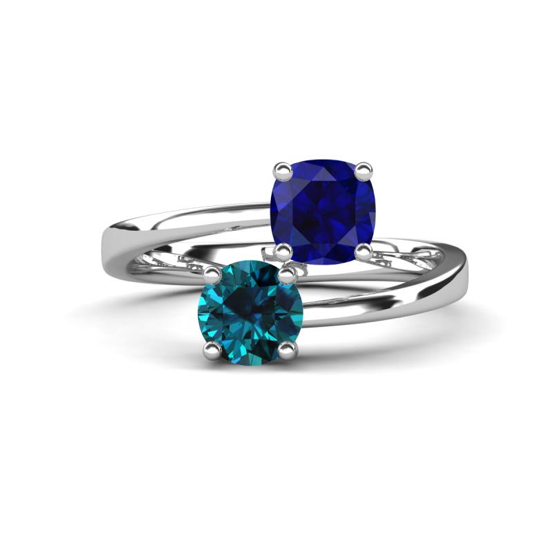 Jianna 6.00 mm Cushion Lab Created Blue Sapphire and Round Blue Diamond 2 Stone Promise Ring 