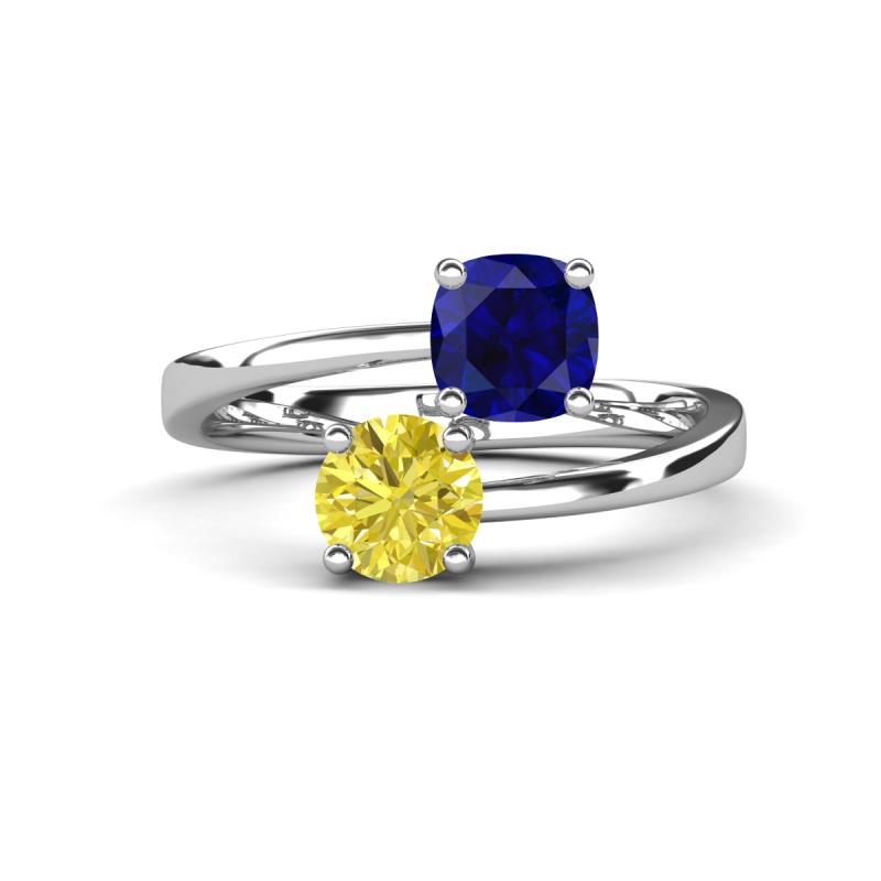 Jianna 6.00 mm Cushion Lab Created Blue Sapphire and Round Yellow Diamond 2 Stone Promise Ring 
