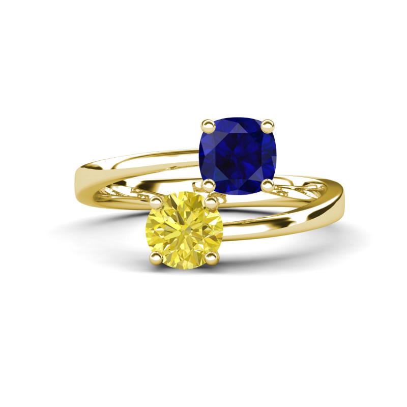 Jianna 6.00 mm Cushion Lab Created Blue Sapphire and Round Yellow Diamond 2 Stone Promise Ring 