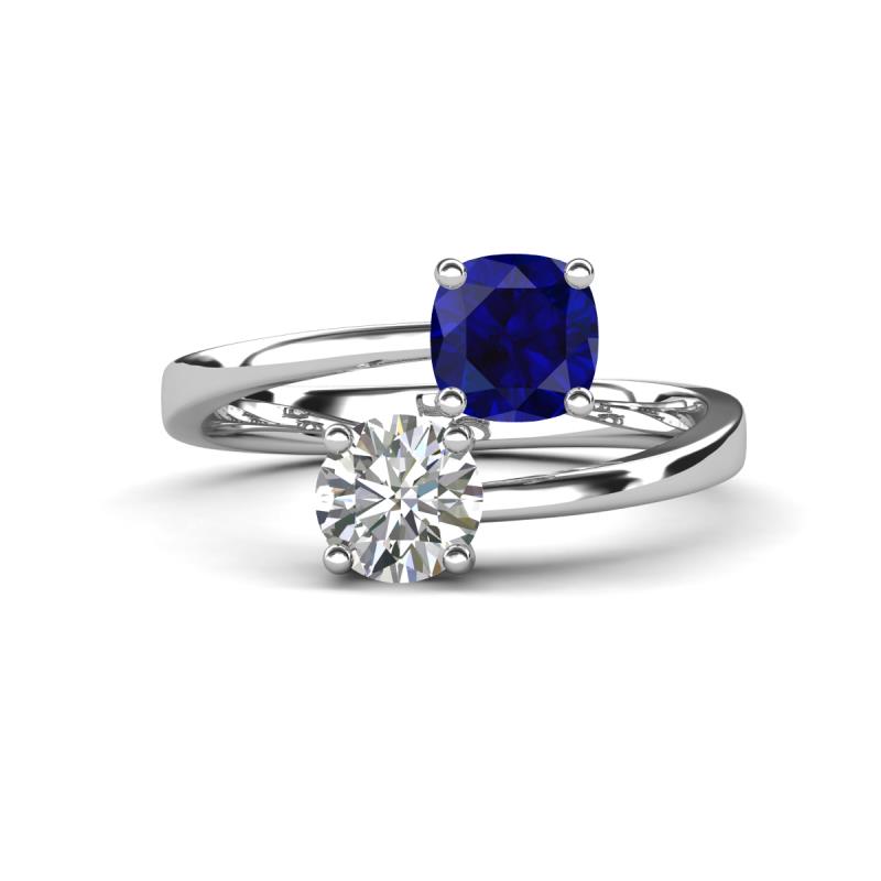 Jianna 6.00 mm Cushion Lab Created Blue Sapphire and GIA Certified Round Natural Diamond 2 Stone Promise Ring 