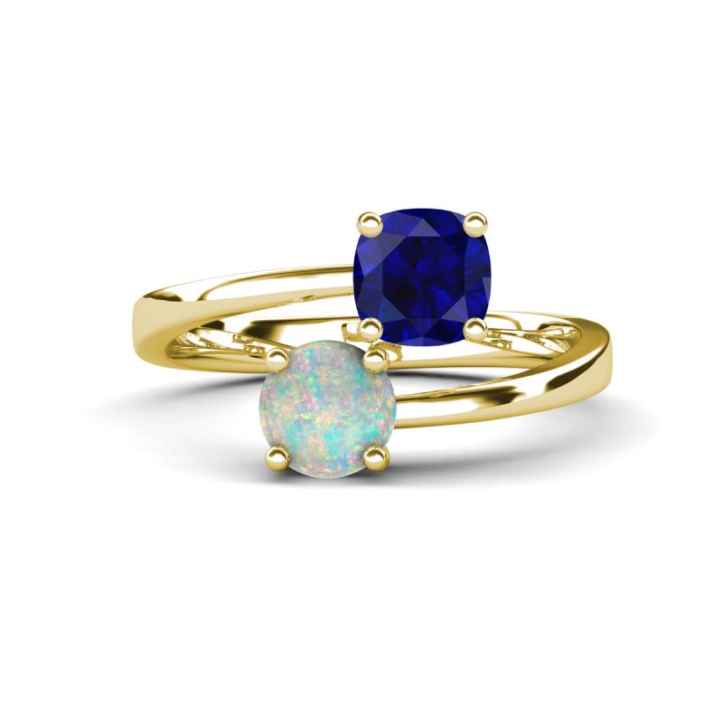 Jianna 6.00 mm Cushion Lab Created Blue Sapphire and Round Opal 2 Stone Promise Ring 