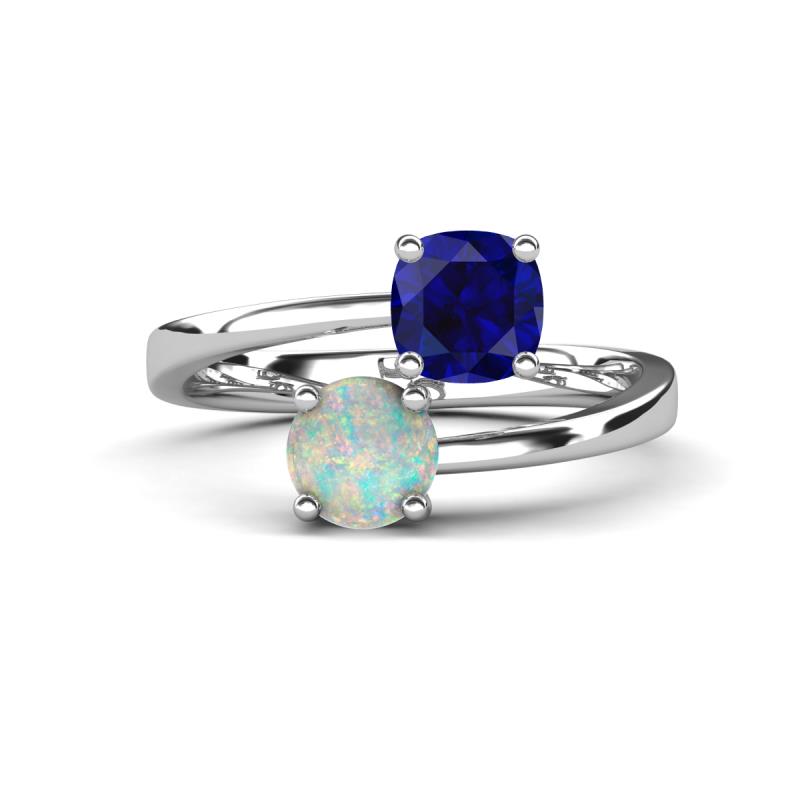 Jianna 6.00 mm Cushion Lab Created Blue Sapphire and Round Opal 2 Stone Promise Ring 
