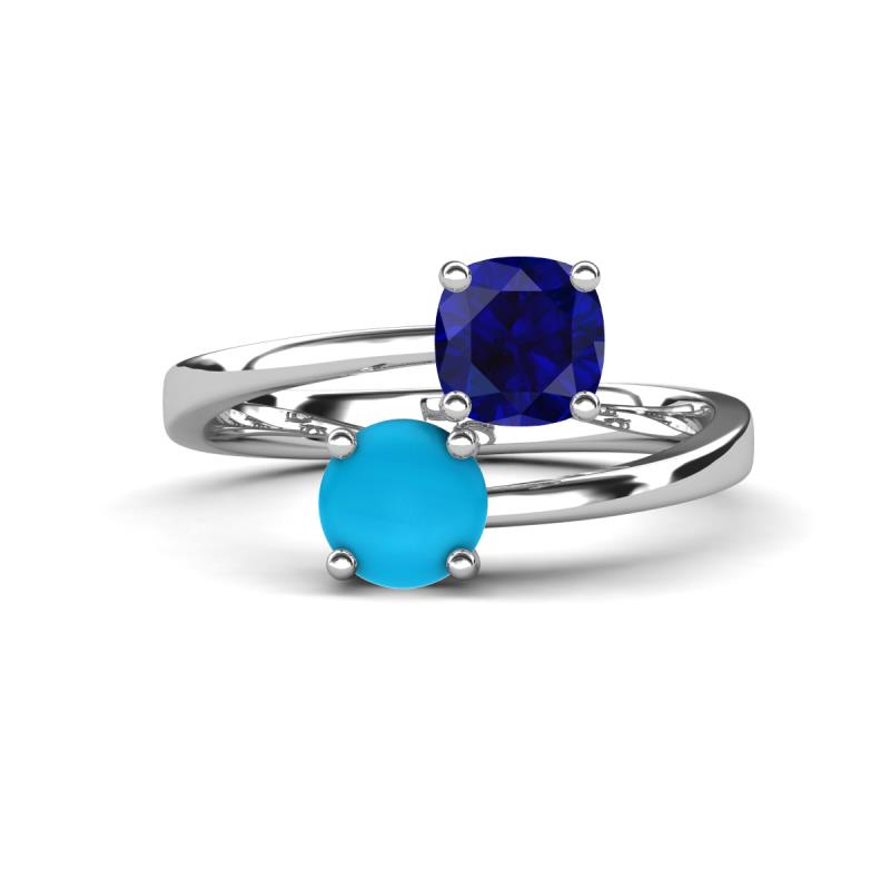 Jianna 6.00 mm Cushion Lab Created Blue Sapphire and Round Turquoise 2 Stone Promise Ring 
