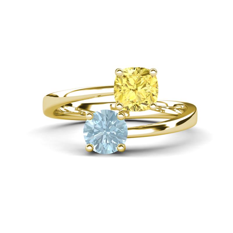 Jianna 6.00 mm Cushion Lab Created Yellow Sapphire and Round Aquamarine 2 Stone Promise Ring 
