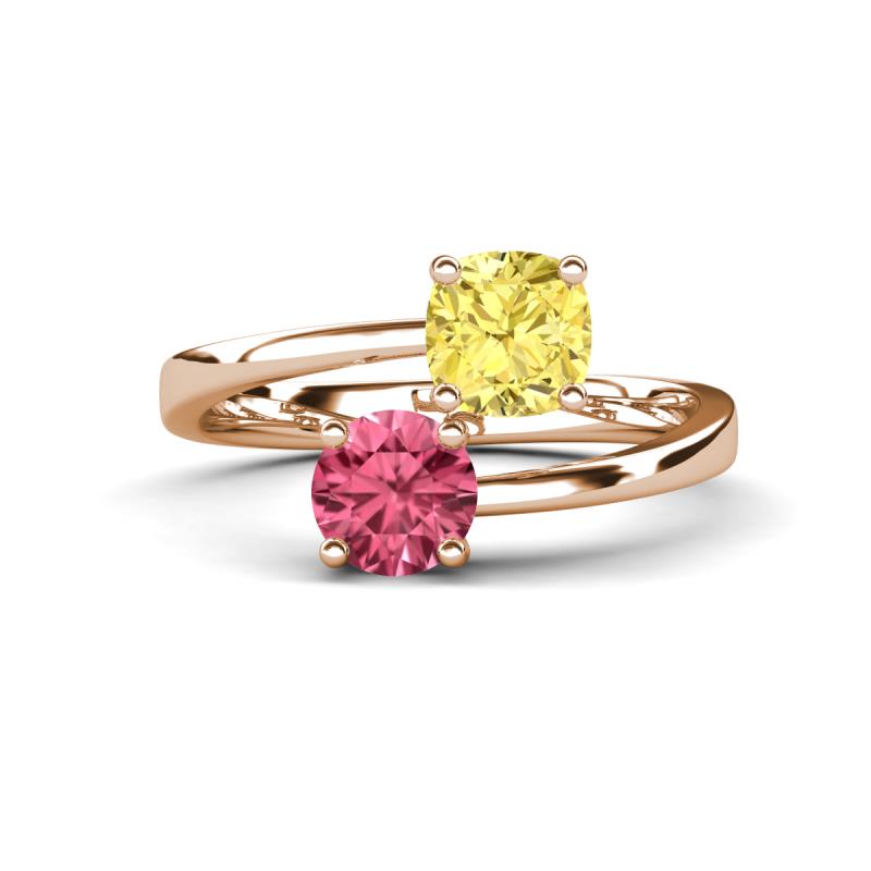 Jianna 6.00 mm Cushion Lab Created Yellow Sapphire and Round Pink Tourmaline 2 Stone Promise Ring 