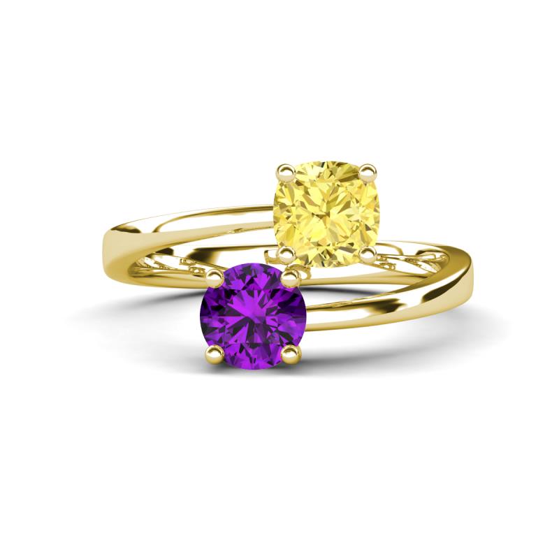 Jianna 6.00 mm Cushion Lab Created Yellow Sapphire and Round Amethyst 2 Stone Promise Ring 