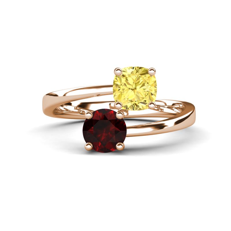 Jianna 6.00 mm Cushion Lab Created Yellow Sapphire and Round Red Garnet 2 Stone Promise Ring 