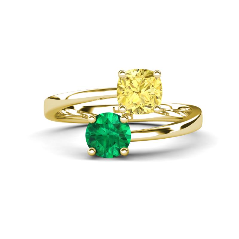 Jianna 6.00 mm Cushion Lab Created Yellow Sapphire and Round Emerald 2 Stone Promise Ring 