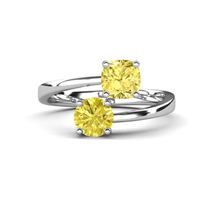 Jianna 6.00 mm Cushion Lab Created Yellow Sapphire and Round Yellow Diamond 2 Stone Promise Ring 