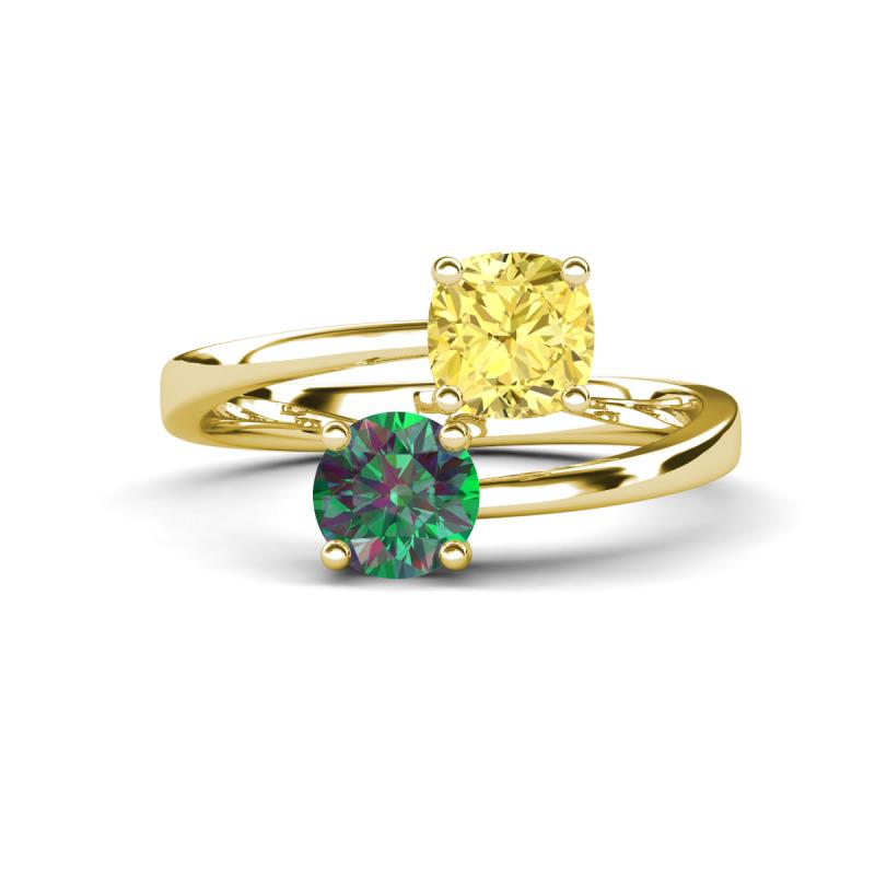 Jianna 6.00 mm Cushion Lab Created Yellow Sapphire and Round Lab Created Alexandrite 2 Stone Promise Ring 