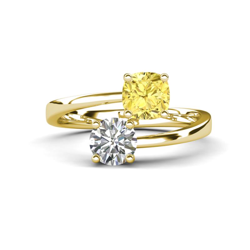 Jianna 6.00 mm Cushion Lab Created Yellow Sapphire and GIA Certified Round Natural Diamond 2 Stone Promise Ring 