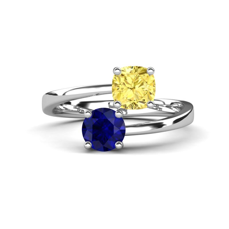 Jianna 6.00 mm Cushion Lab Created Yellow Sapphire and Round Blue Sapphire 2 Stone Promise Ring 