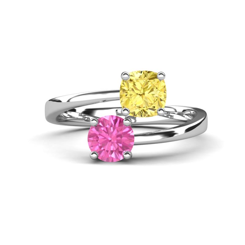 Jianna 6.00 mm Cushion Lab Created Yellow Sapphire and Round Lab Created Pink Sapphire 2 Stone Promise Ring 