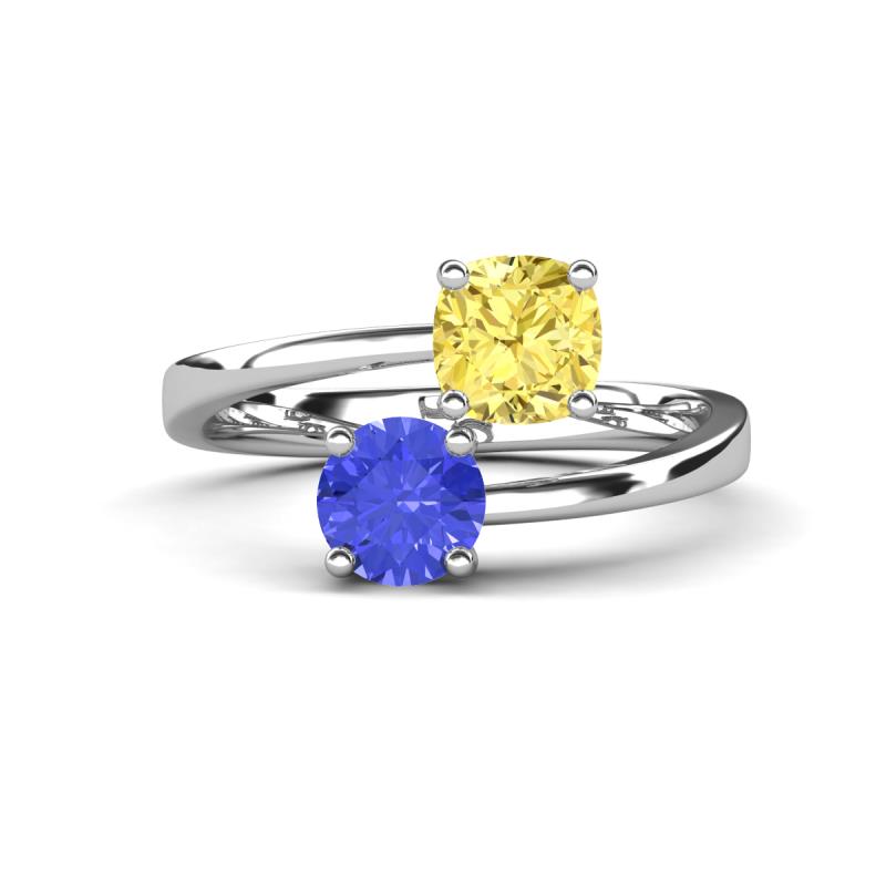 Jianna 6.00 mm Cushion Lab Created Yellow Sapphire and Round Tanzanite 2 Stone Promise Ring 