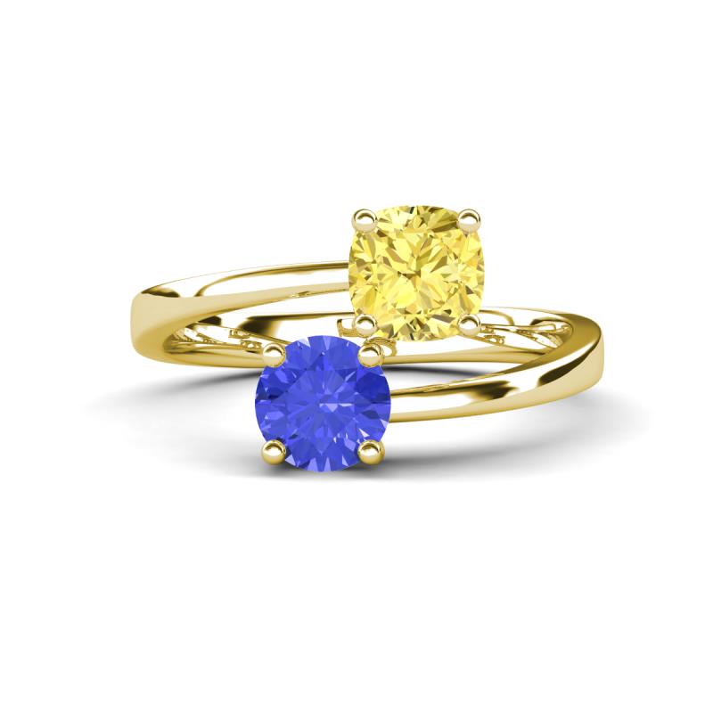 Jianna 6.00 mm Cushion Lab Created Yellow Sapphire and Round Tanzanite 2 Stone Promise Ring 