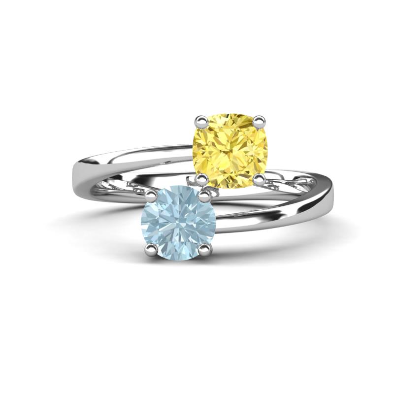 Jianna 6.00 mm Cushion Lab Created Yellow Sapphire and Round Aquamarine 2 Stone Promise Ring 