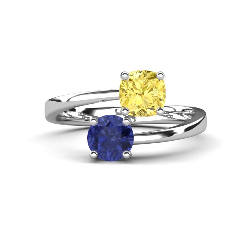 Jianna 6.00 mm Cushion Lab Created Yellow Sapphire and Round Iolite 2 Stone Promise Ring 