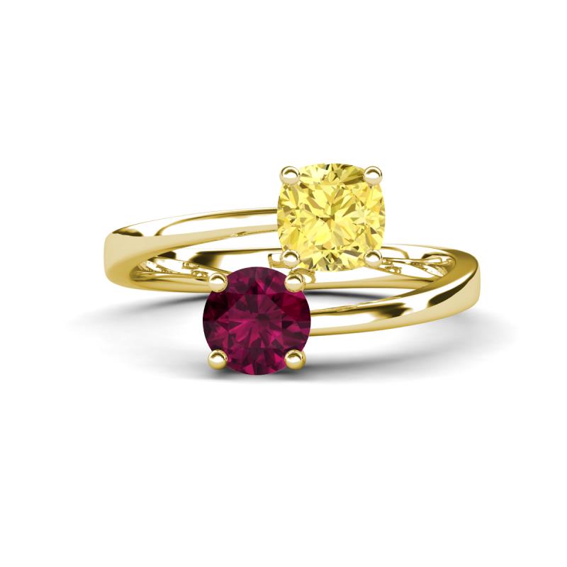 Jianna 6.00 mm Cushion Lab Created Yellow Sapphire and Round Rhodolite Garnet 2 Stone Promise Ring 