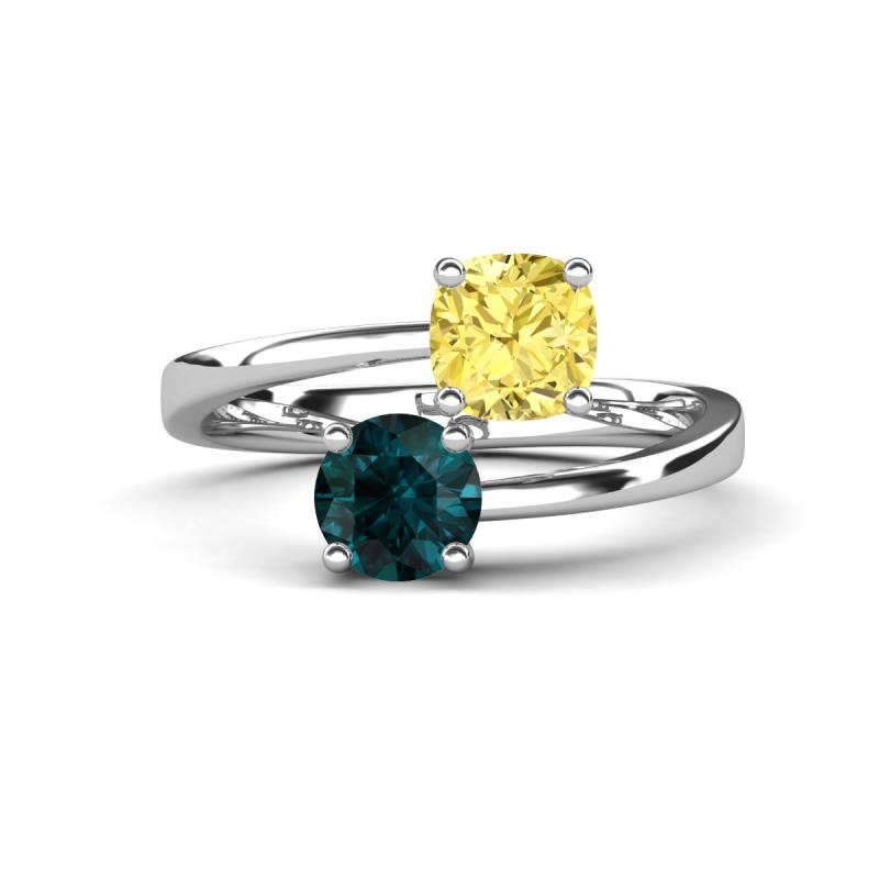 Jianna 6.00 mm Cushion Lab Created Yellow Sapphire and Round London Blue Topaz 2 Stone Promise Ring 