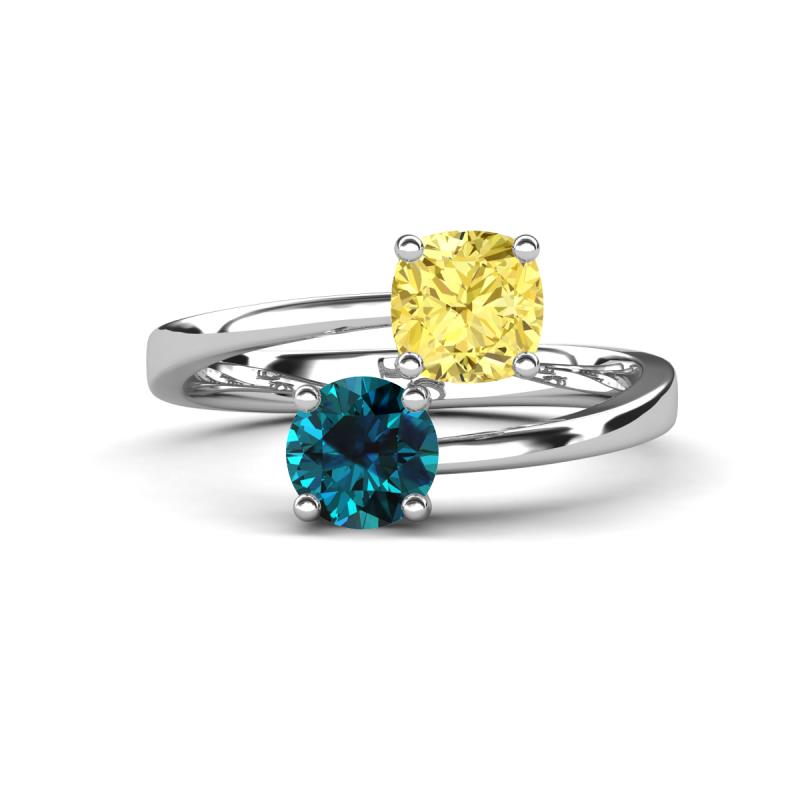 Jianna 6.00 mm Cushion Lab Created Yellow Sapphire and Round Blue Diamond 2 Stone Promise Ring 