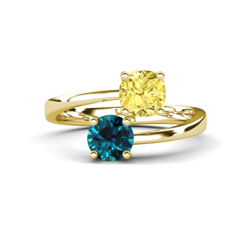 Jianna 6.00 mm Cushion Lab Created Yellow Sapphire and Round Blue Diamond 2 Stone Promise Ring 