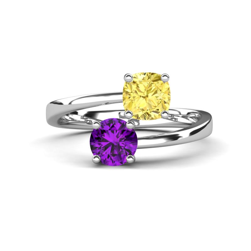 Jianna 6.00 mm Cushion Lab Created Yellow Sapphire and Round Amethyst 2 Stone Promise Ring 