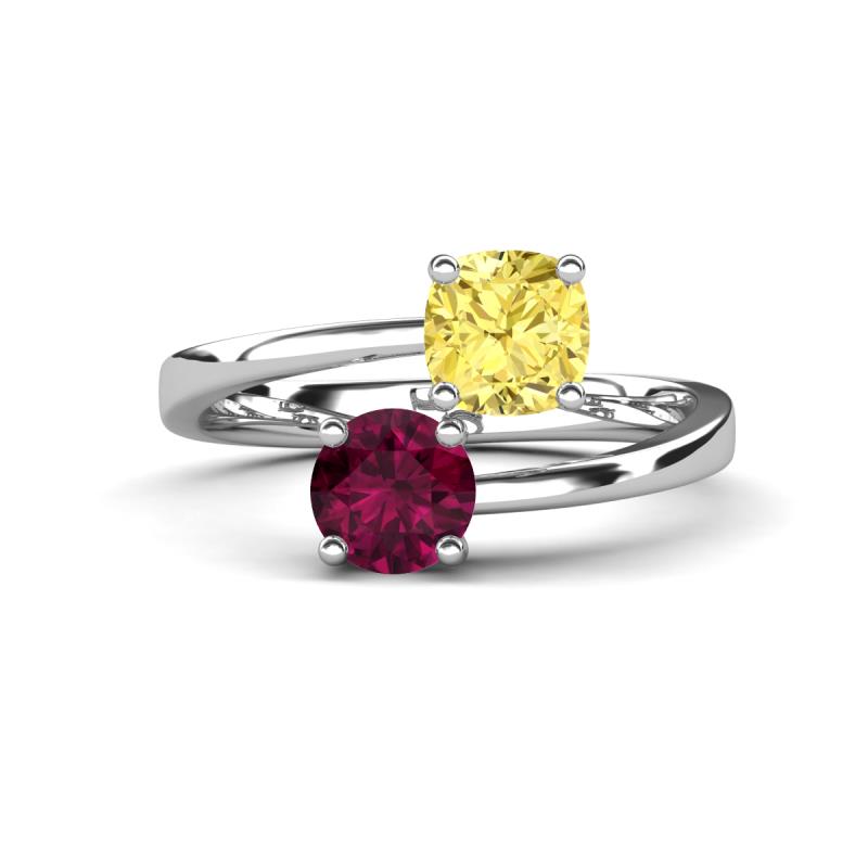 Jianna 6.00 mm Cushion Lab Created Yellow Sapphire and Round Rhodolite Garnet 2 Stone Promise Ring 