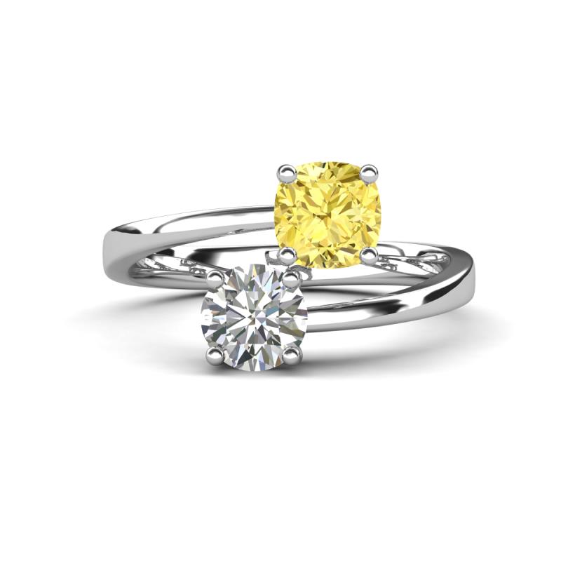 Jianna 6.00 mm Cushion Lab Created Yellow Sapphire and Round Forever Brilliant Moissanite 2 Stone Promise Ring 