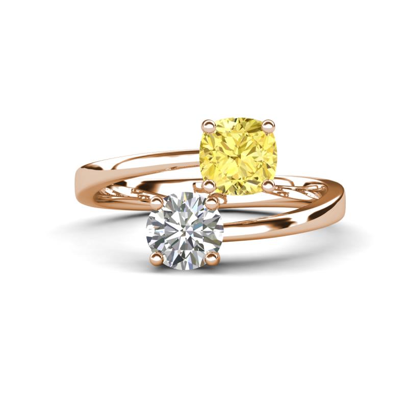 Jianna 6.00 mm Cushion Lab Created Yellow Sapphire and Round Forever Brilliant Moissanite 2 Stone Promise Ring 