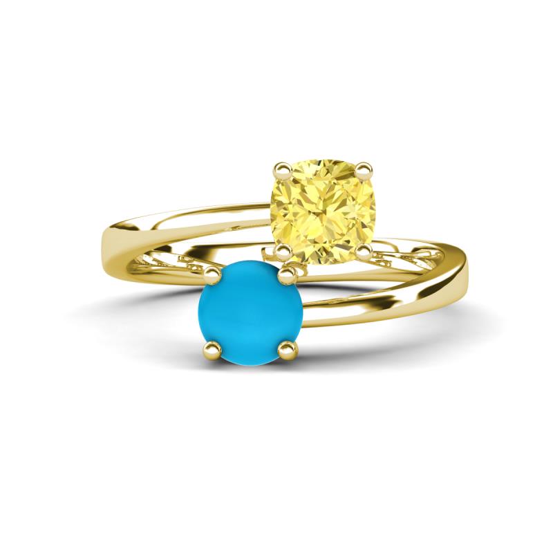 Jianna 6.00 mm Cushion Lab Created Yellow Sapphire and Round Turquoise 2 Stone Promise Ring 