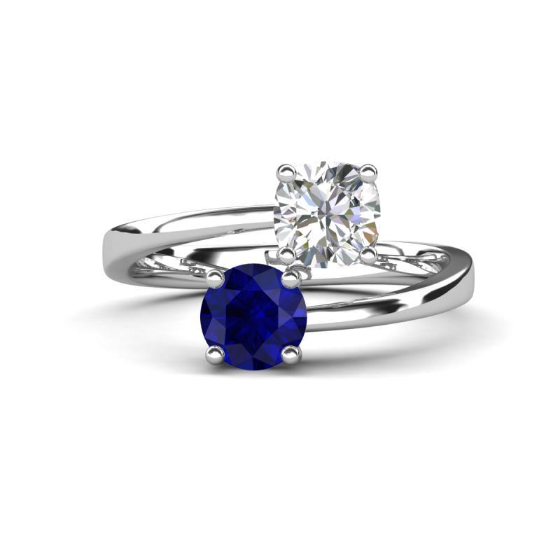 Jianna 6.00 mm Cushion Forever Brilliant Moissanite and Round Blue Sapphire 2 Stone Promise Ring 