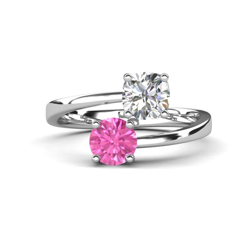 Jianna 6.00 mm Cushion Forever Brilliant Moissanite and Round Lab Created Pink Sapphire 2 Stone Promise Ring 