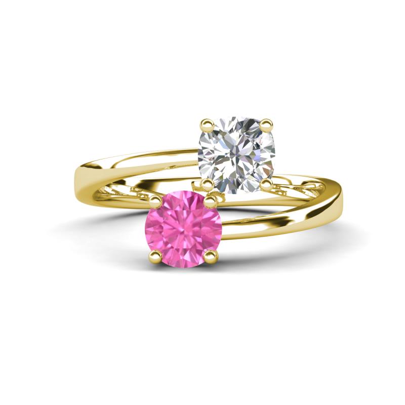 Jianna 6.00 mm Cushion Forever Brilliant Moissanite and Round Lab Created Pink Sapphire 2 Stone Promise Ring 