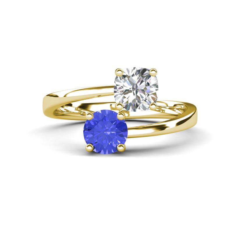 Jianna 6.00 mm Cushion Forever Brilliant Moissanite and Round Tanzanite 2 Stone Promise Ring 