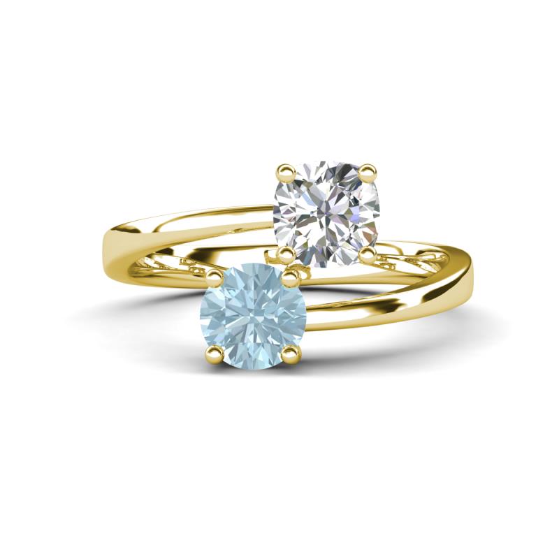 Jianna 6.00 mm Cushion Forever Brilliant Moissanite and Round Aquamarine 2 Stone Promise Ring 