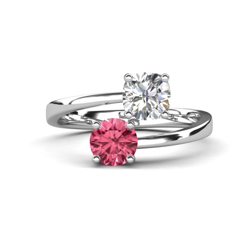 Jianna 6.00 mm Cushion Forever Brilliant Moissanite and Round Pink Tourmaline 2 Stone Promise Ring 