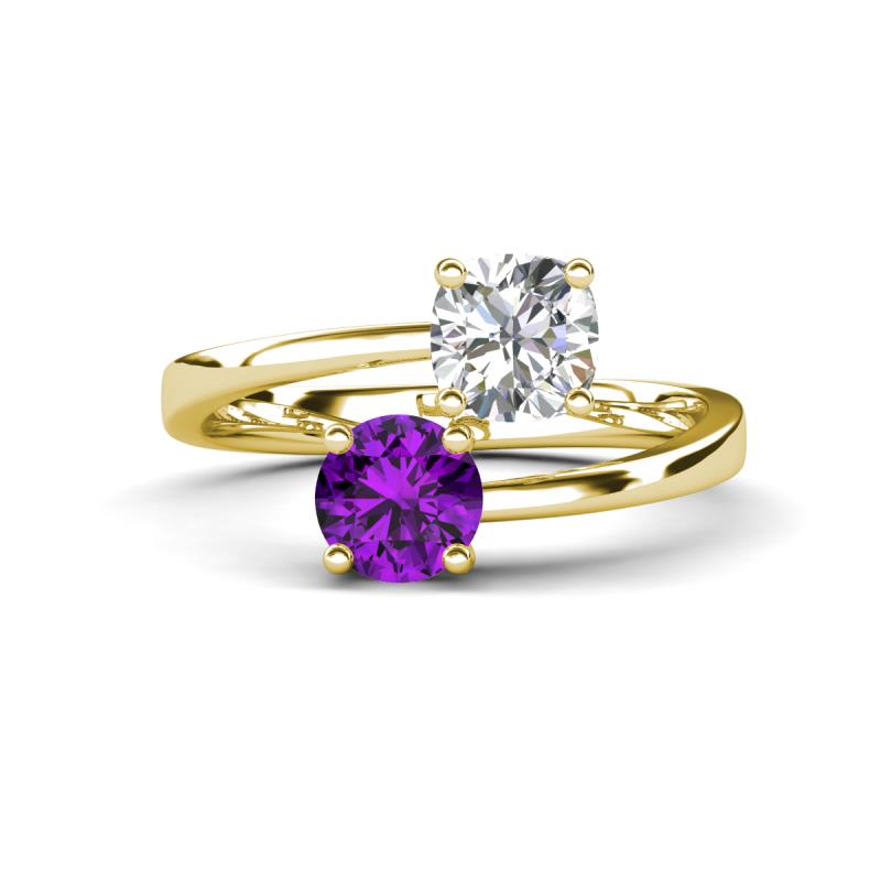 Jianna 6.00 mm Cushion Forever Brilliant Moissanite and Round Amethyst 2 Stone Promise Ring 