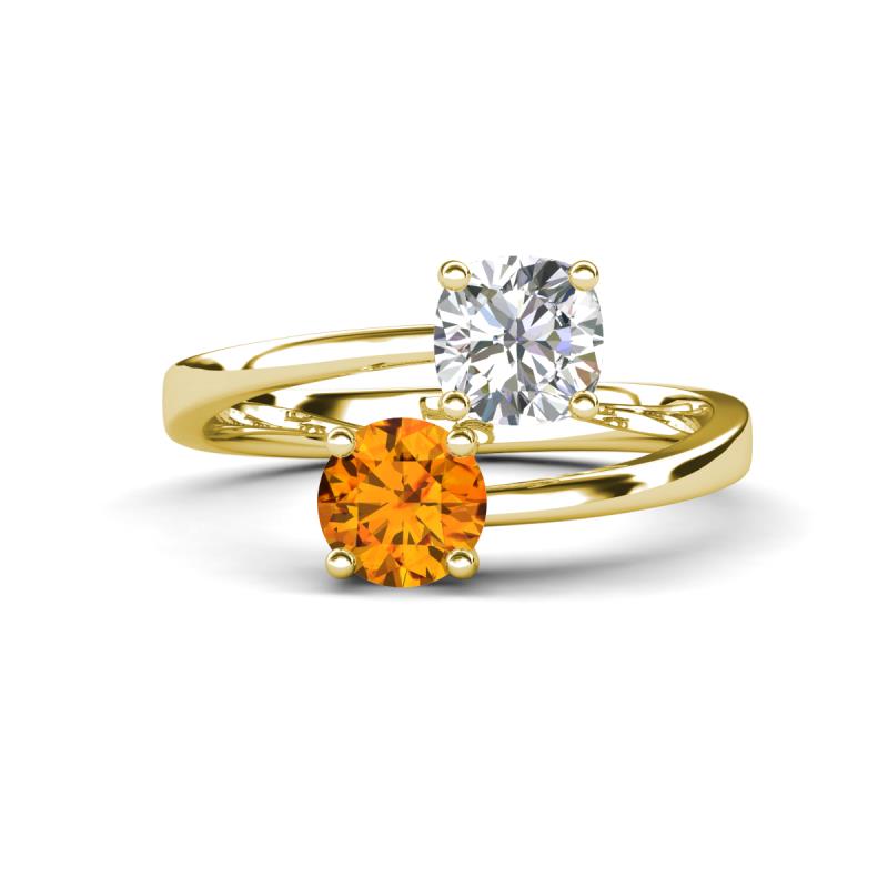 Jianna 6.00 mm Cushion Forever Brilliant Moissanite and Round Citrine 2 Stone Promise Ring 