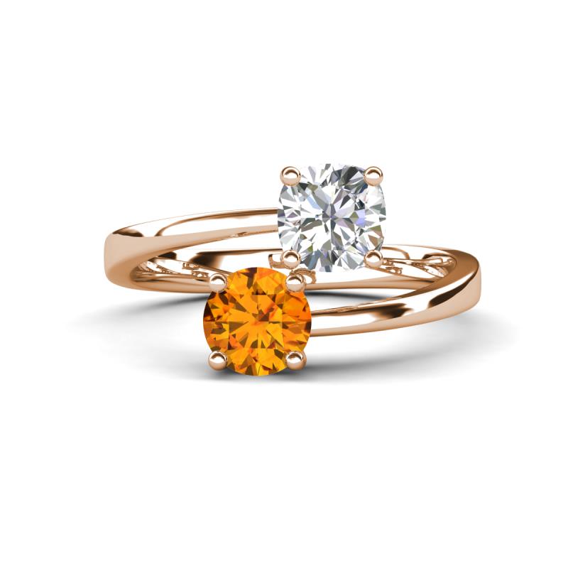 Jianna 6.00 mm Cushion Forever Brilliant Moissanite and Round Citrine 2 Stone Promise Ring 