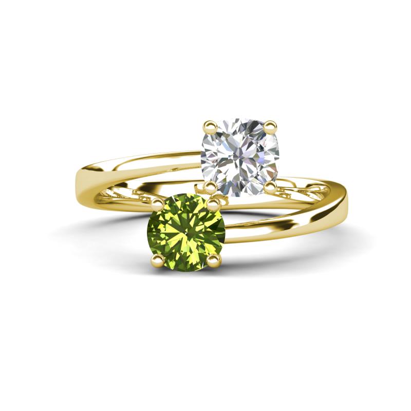 Jianna 6.00 mm Cushion Forever Brilliant Moissanite and Round Peridot 2 Stone Promise Ring 