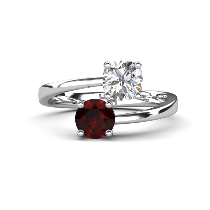 Jianna 6.00 mm Cushion Forever Brilliant Moissanite and Round Red Garnet 2 Stone Promise Ring 