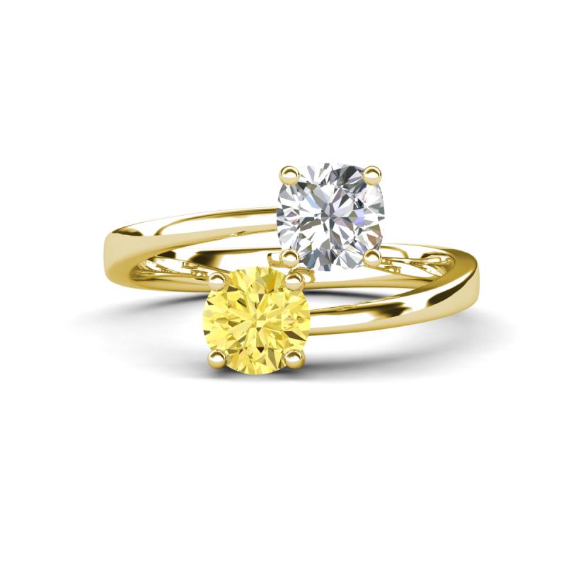 Jianna 6.00 mm Cushion Forever Brilliant Moissanite and Round Lab Created Yellow Sapphire 2 Stone Promise Ring 