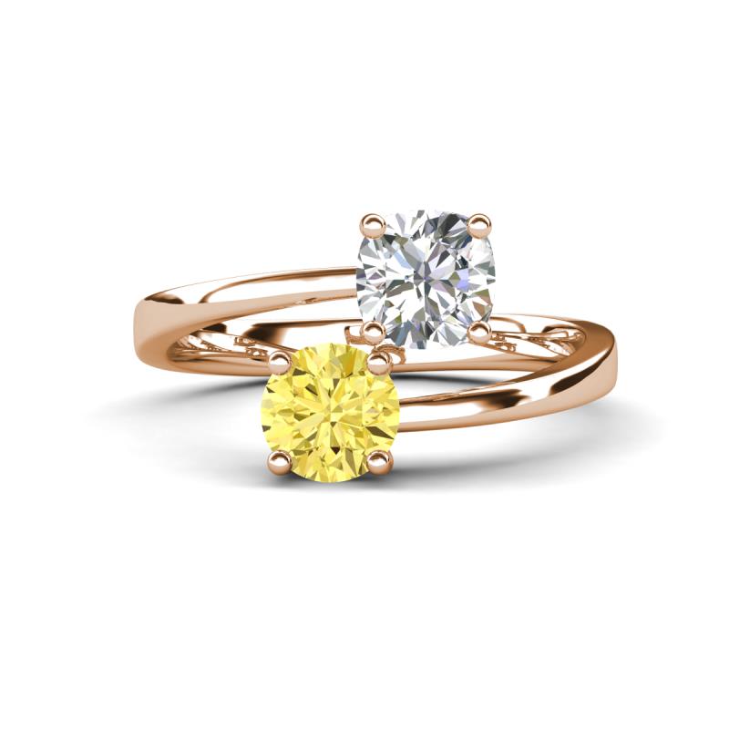 Jianna 6.00 mm Cushion Forever Brilliant Moissanite and Round Lab Created Yellow Sapphire 2 Stone Promise Ring 