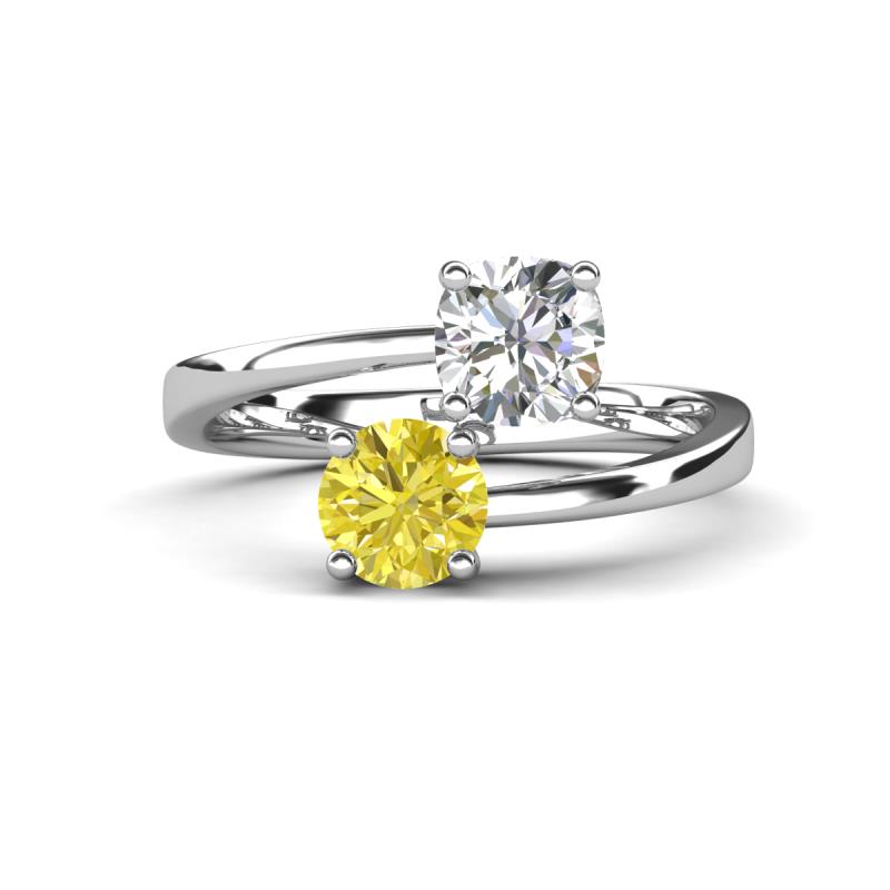 Jianna 6.00 mm Cushion Forever Brilliant Moissanite and Round Yellow Diamond 2 Stone Promise Ring 
